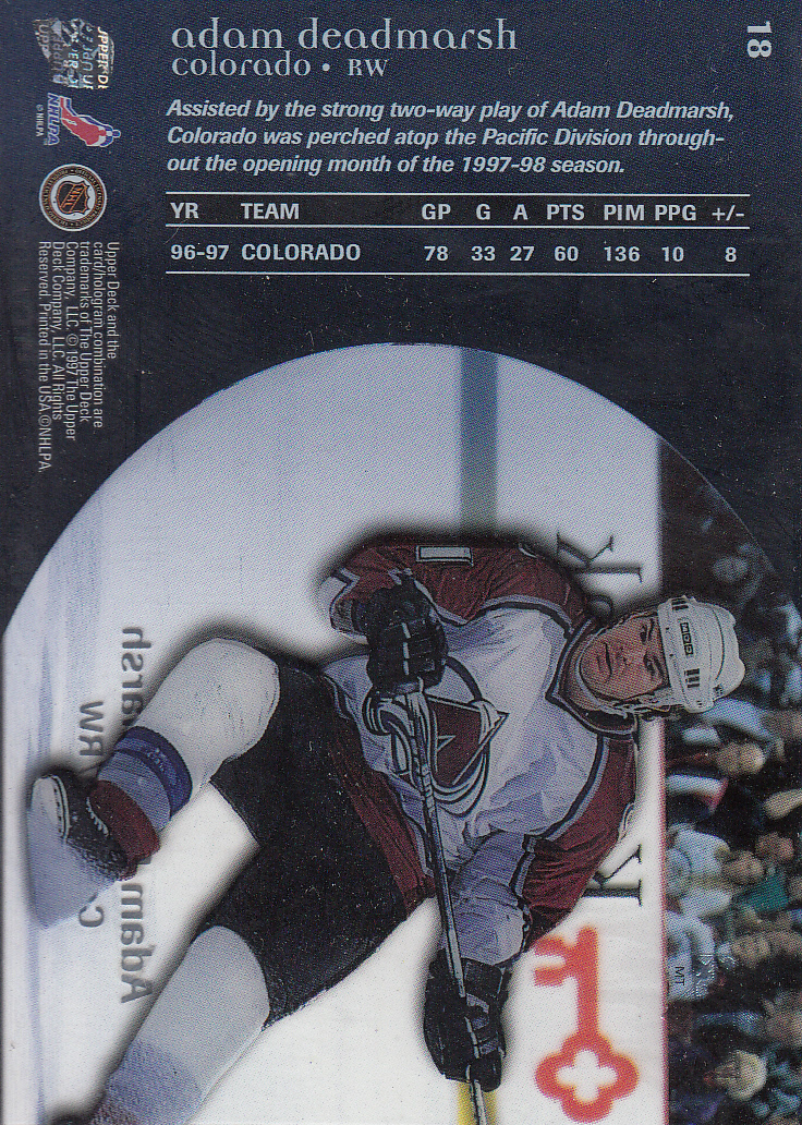 1997-98 Upper Deck Ice #18 Adam Deadmarsh back image