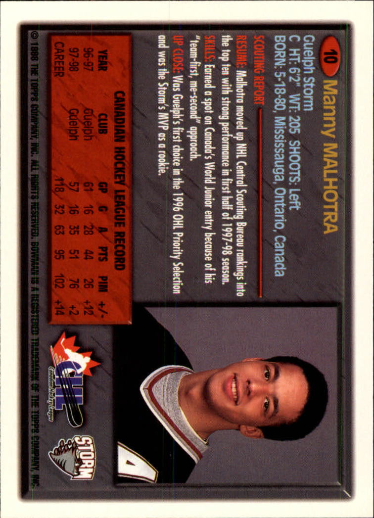 1998 Bowman CHL #10 Manny Malhotra back image