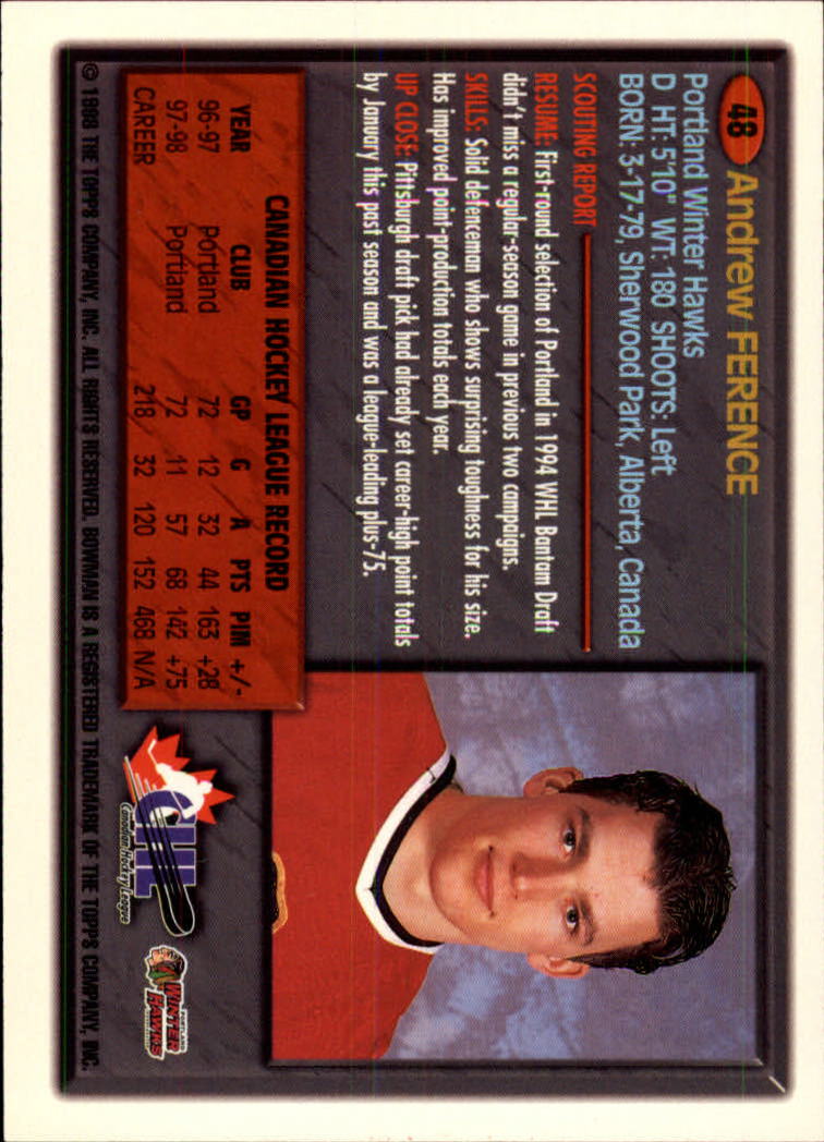 1998 Bowman CHL #48 Andrew Ference back image