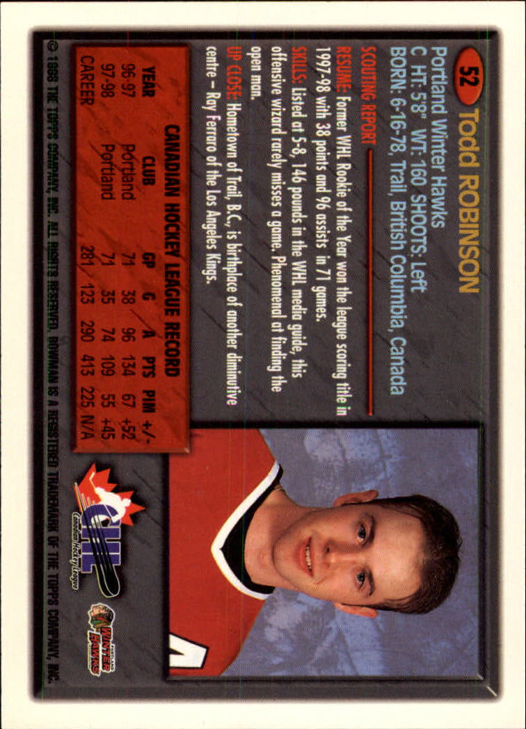 1998 Bowman CHL #52 Todd Robinson back image