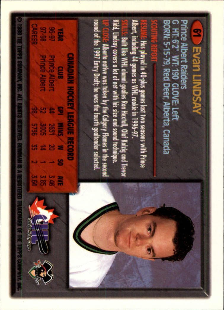 1998 Bowman CHL #61 Evan Lindsay back image