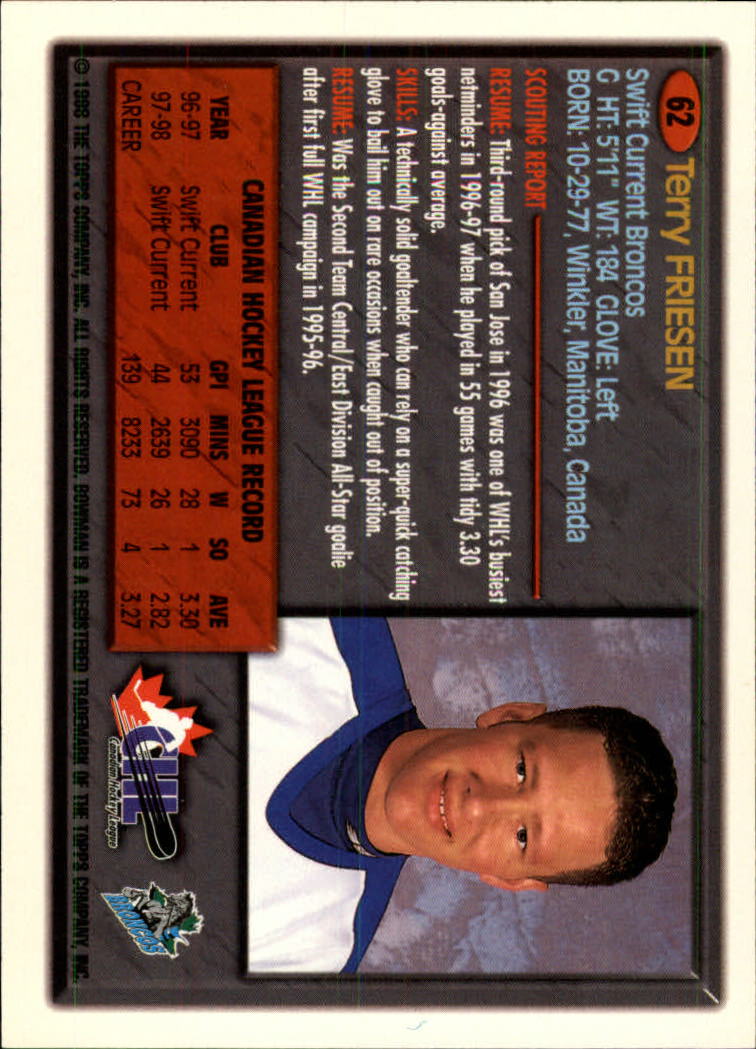 1998 Bowman CHL #62 Terry Friesen back image