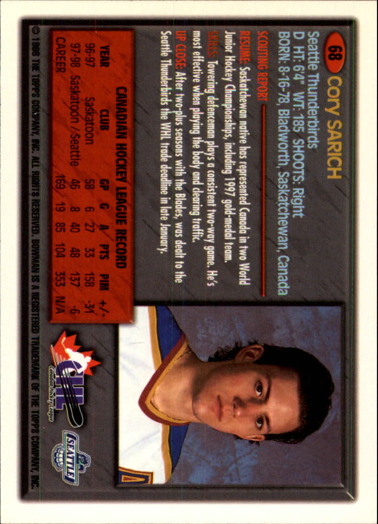 1998 Bowman CHL #68 Cory Sarich back image