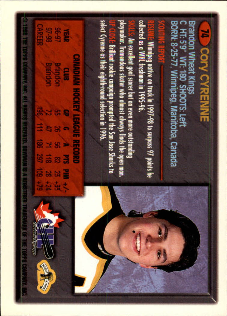 1998 Bowman CHL #74 Cory Cyrenne back image