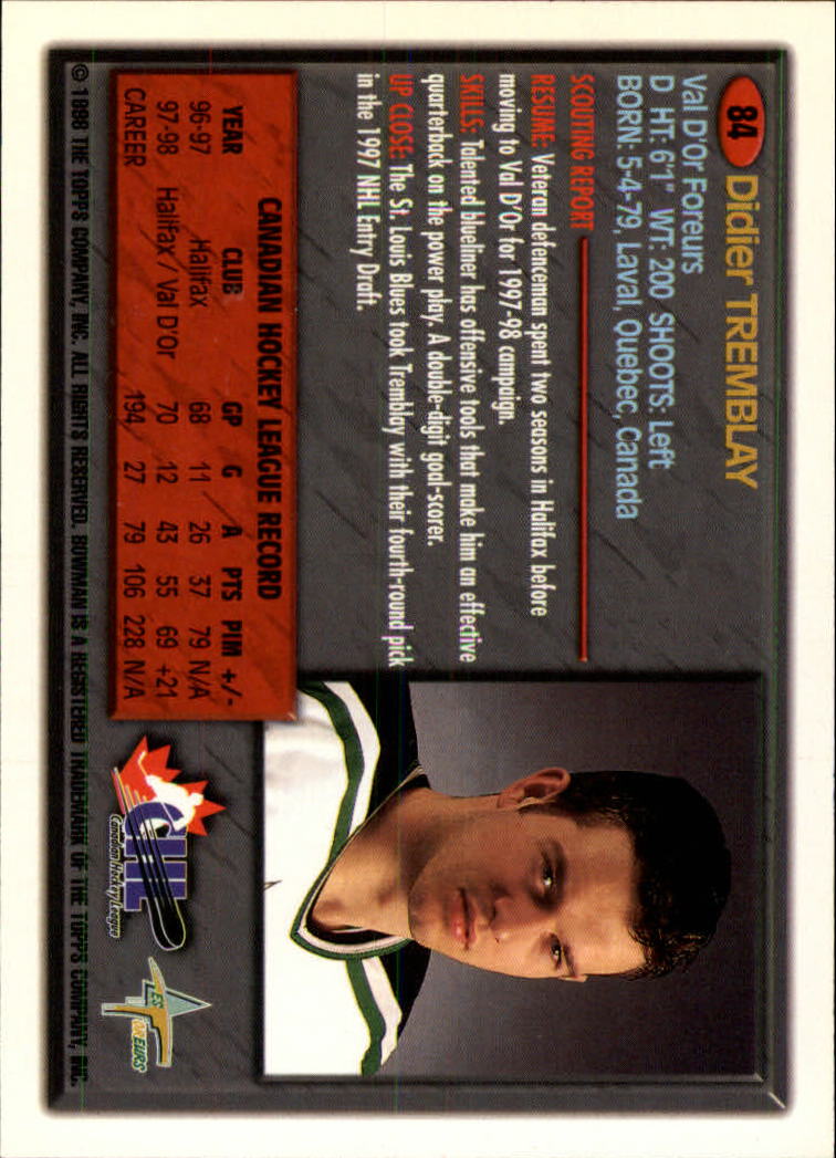 1998 Bowman CHL #84 Didier Tremblay back image