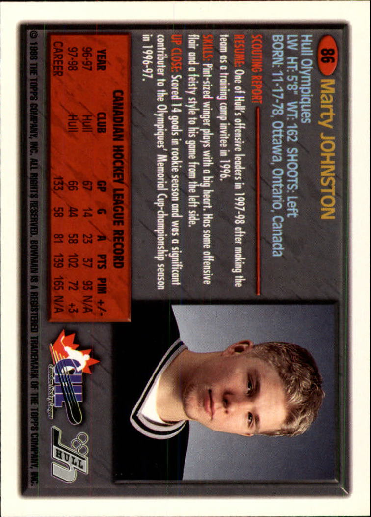 1998 Bowman CHL #86 Marty Johnston back image