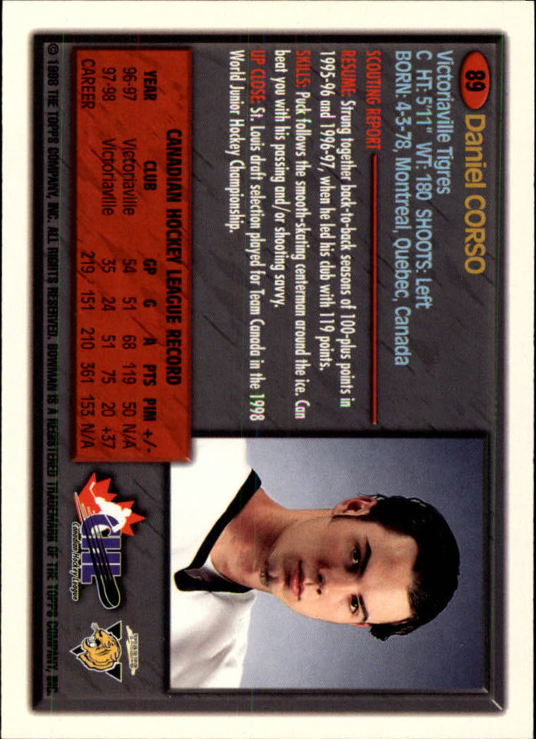 1998 Bowman CHL #89 Daniel Corso back image