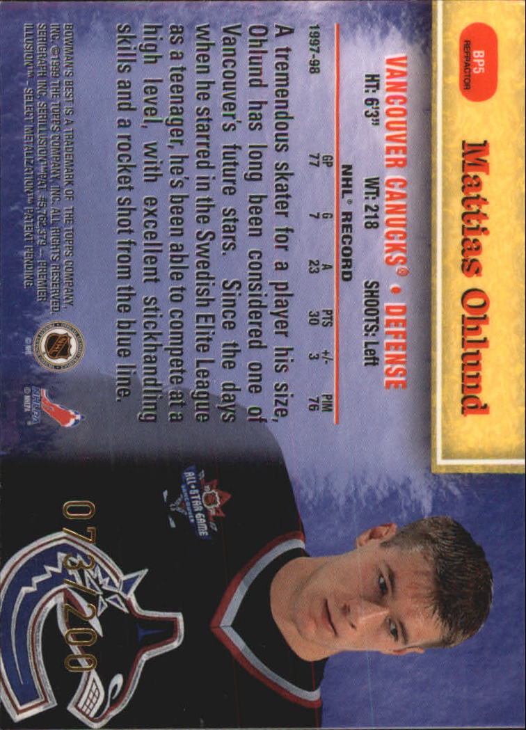 1998-99 Bowman's Best Performers Refractors #BP5 Mattias Ohlund back image
