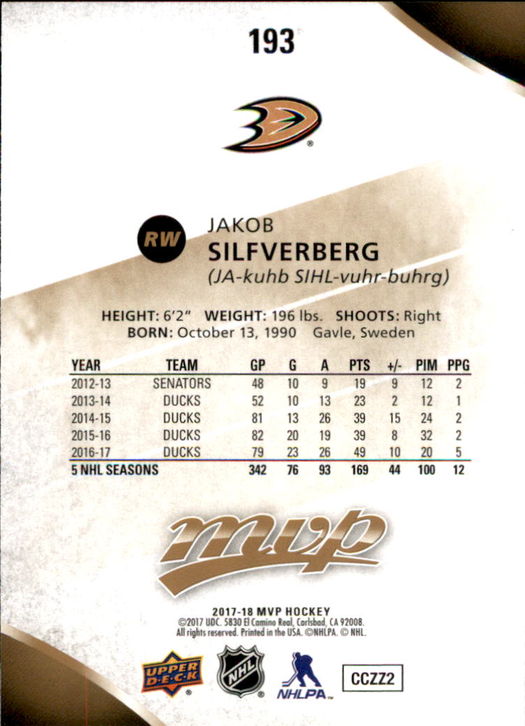 2017-18 Upper Deck MVP #193 Jakob Silfverberg back image