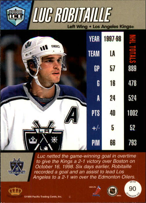 1998-99 Pacific Dynagon Ice #90 Luc Robitaille back image
