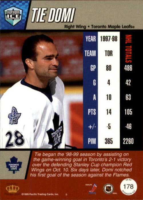 1998-99 Pacific Dynagon Ice #178 Tie Domi back image