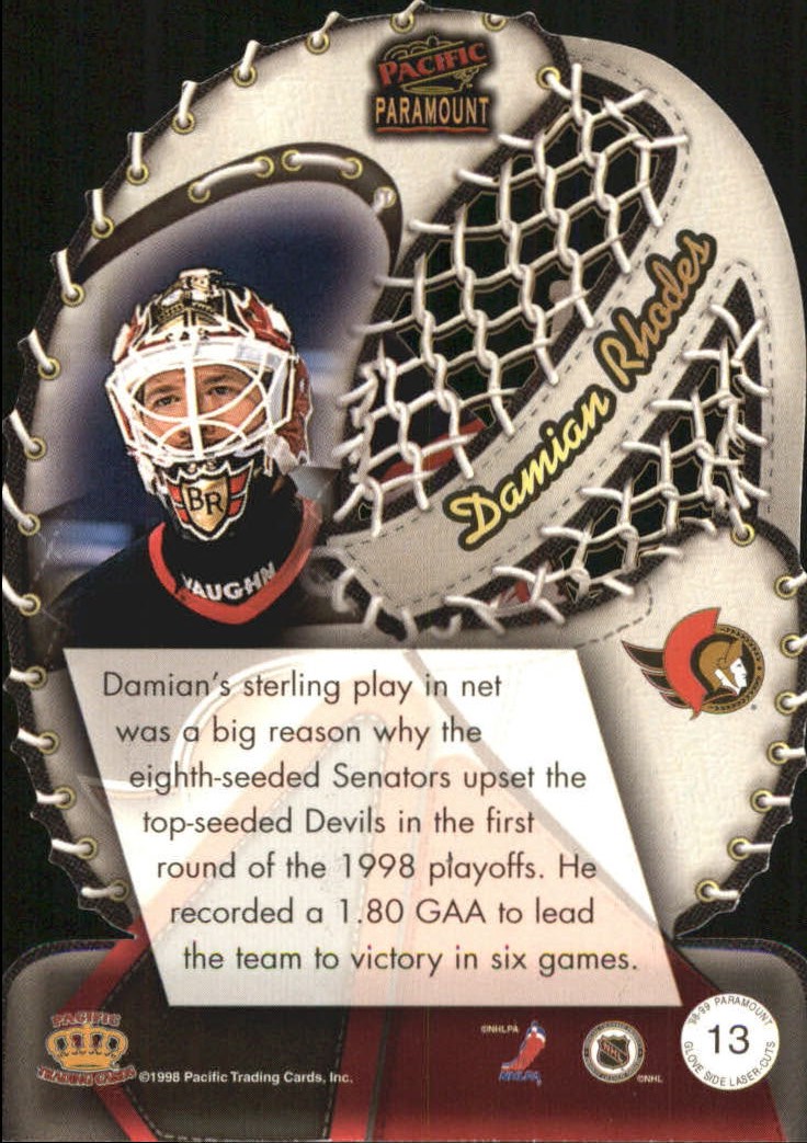 1998-99 Paramount Glove Side Laser Cuts #13 Damian Rhodes back image