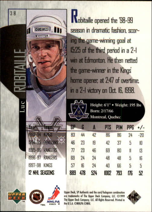 1998-99 SP Authentic #38 Luc Robitaille back image