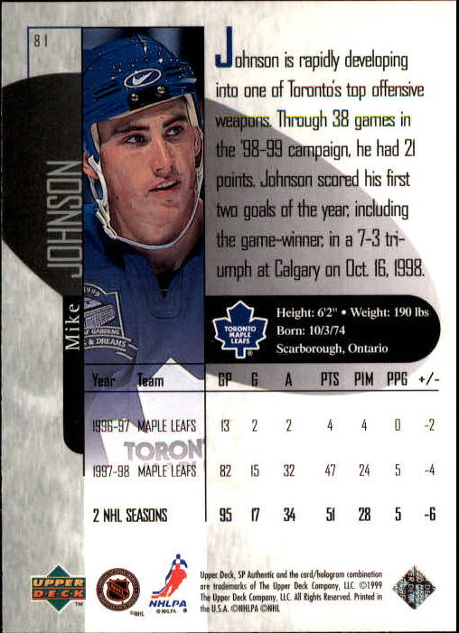 1998-99 SP Authentic #81 Mike Johnson back image