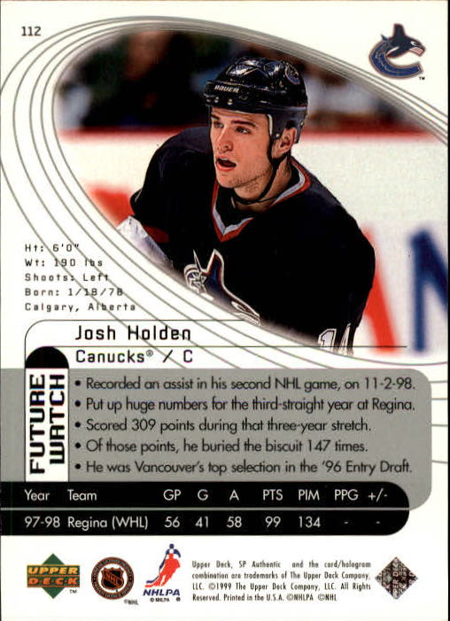 1998-99 SP Authentic #112 Josh Holden back image
