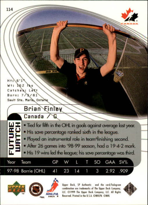 1998-99 SP Authentic #114 Brian Finley RC back image