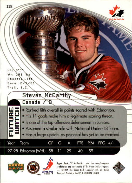 1998-99 SP Authentic #119 Steven McCarthy RC back image
