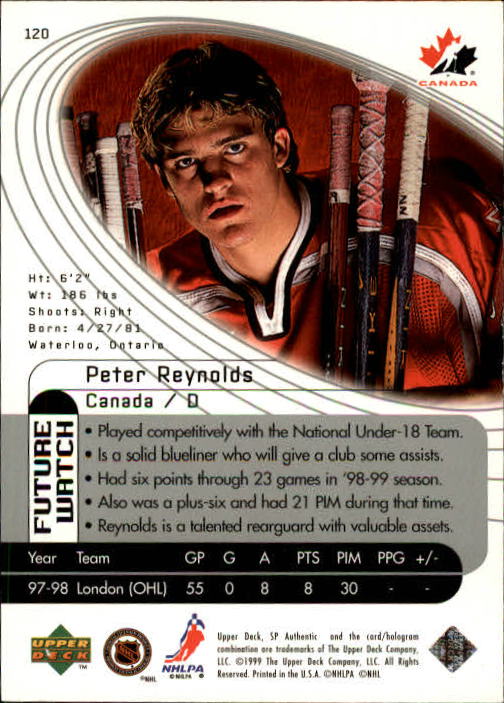 1998-99 SP Authentic #120 Peter Reynolds RC back image