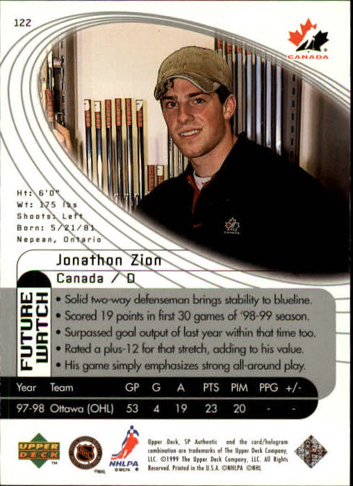 1998-99 SP Authentic #122 Jonathon Zion RC back image
