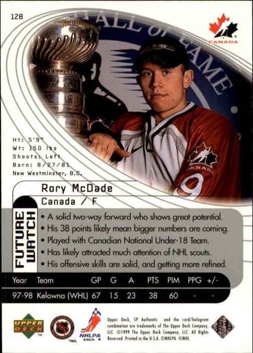 1998-99 SP Authentic #128 Rory McDade RC back image