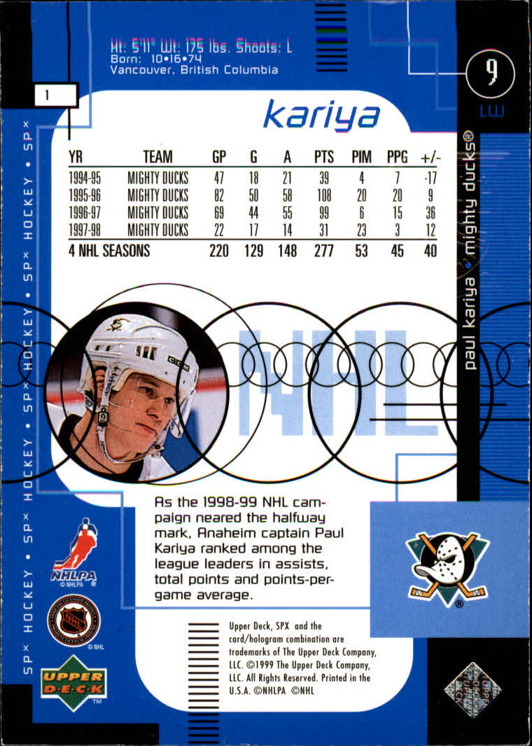 1998-99 SPx Top Prospects #1 Paul Kariya back image