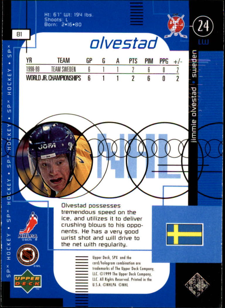 1998-99 SPx Top Prospects #81 Jimmie Olvestad RC back image