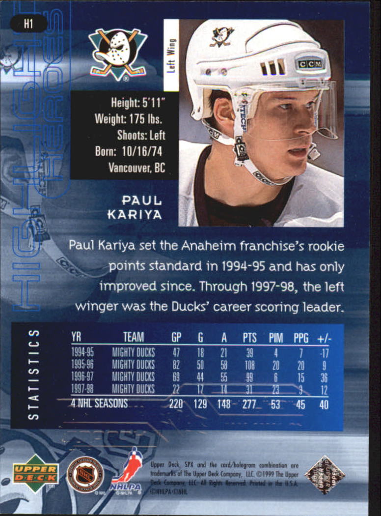 1998-99 SPx Top Prospects Highlight Heroes #H1 Paul Kariya back image