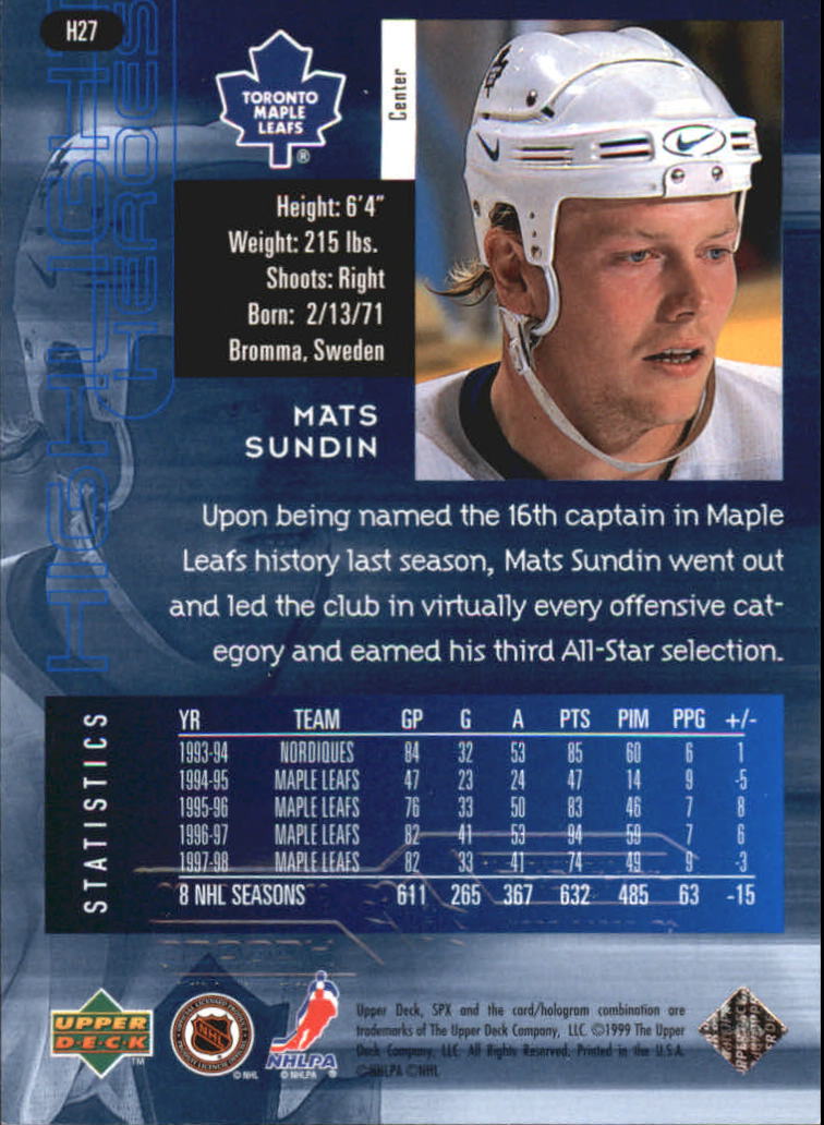 1998-99 SPx Top Prospects Highlight Heroes #H27 Mats Sundin back image