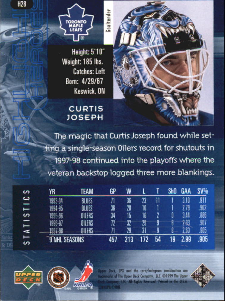 1998-99 SPx Top Prospects Highlight Heroes #H28 Curtis Joseph back image