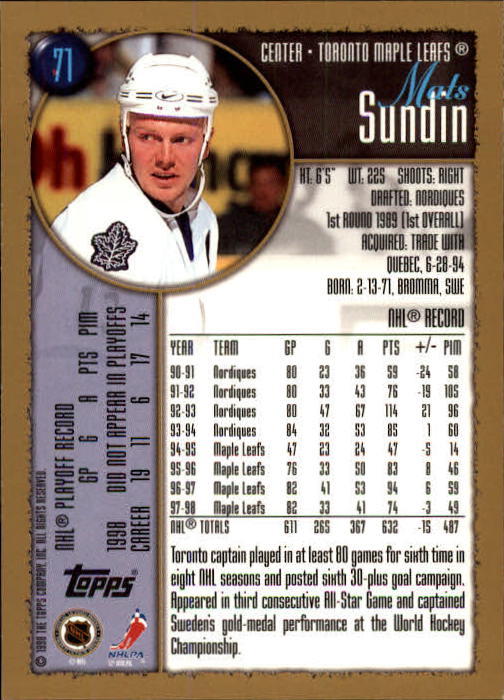 1998-99 Topps #71 Mats Sundin back image