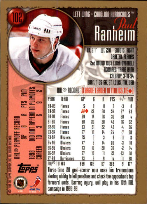 1998-99 Topps #102 Paul Ranheim back image