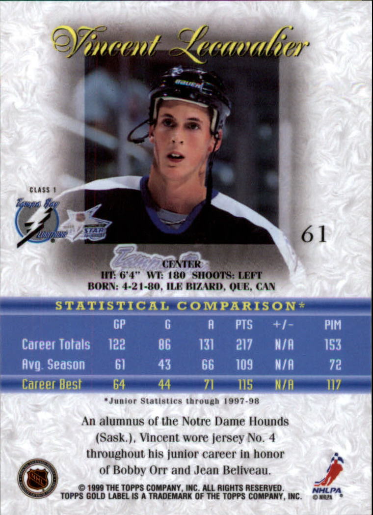 1998-99 Topps Gold Label Class 1 #61 Vincent Lecavalier back image