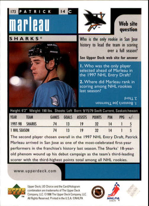 1998-99 UD Choice Preview #173 Patrick Marleau back image