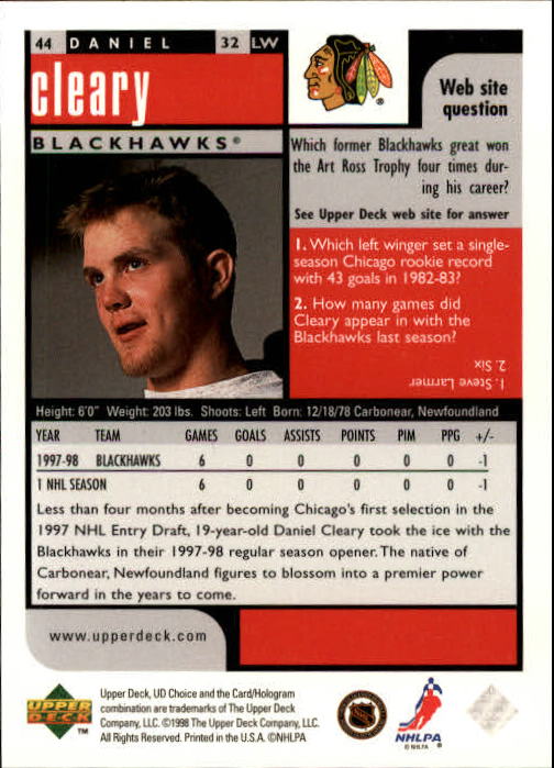 1998-99 UD Choice #44 Daniel Cleary back image