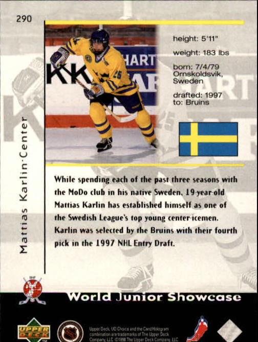 1998-99 UD Choice #290 Mattias Karlin RC back image