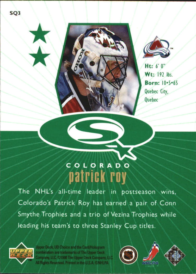 1998-99 UD Choice StarQuest Green #SQ3 Patrick Roy back image