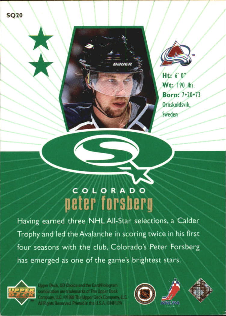 1998-99 UD Choice StarQuest Green #SQ20 Peter Forsberg back image
