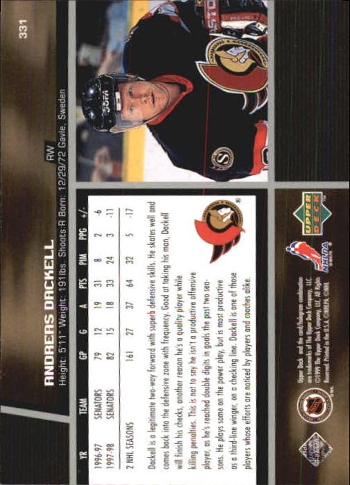 1998-99 Upper Deck #331 Andreas Dackell back image