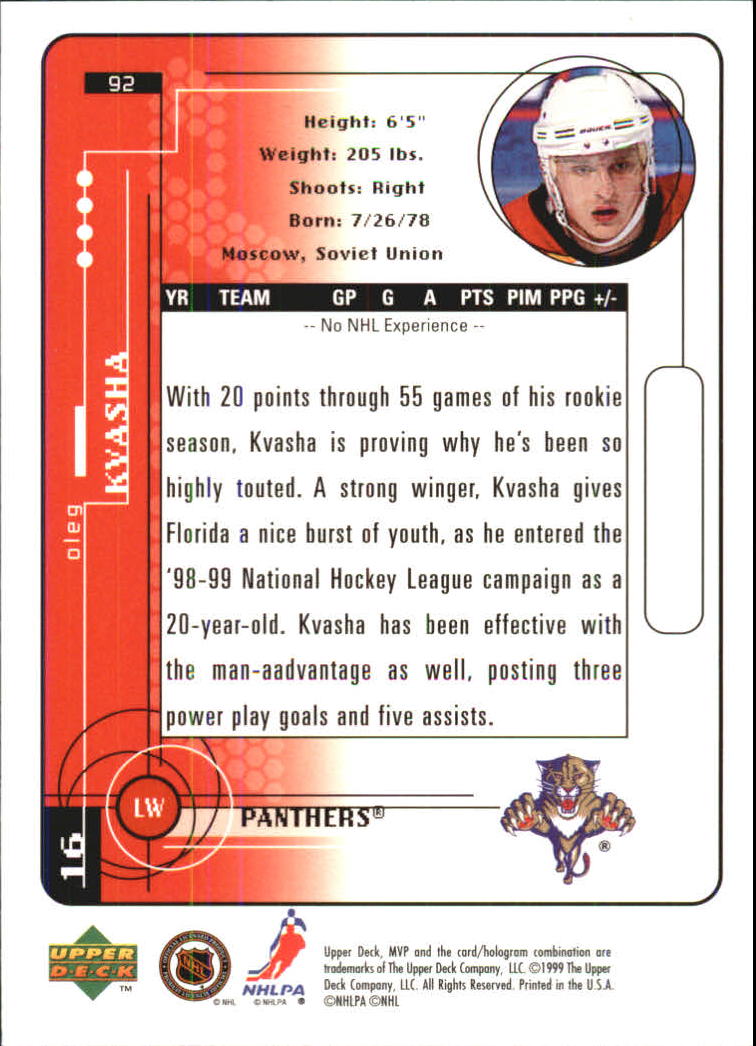 1998-99 Upper Deck MVP #92 Oleg Kvasha RC back image