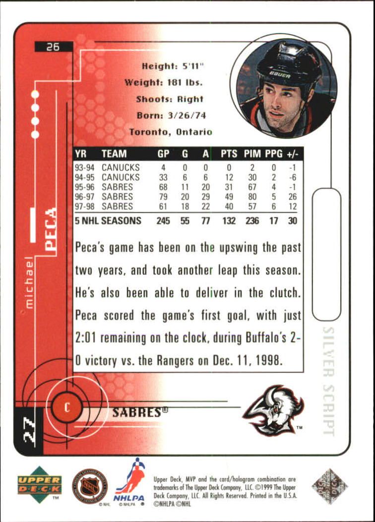1998-99 Upper Deck MVP Silver Script #26 Michael Peca back image