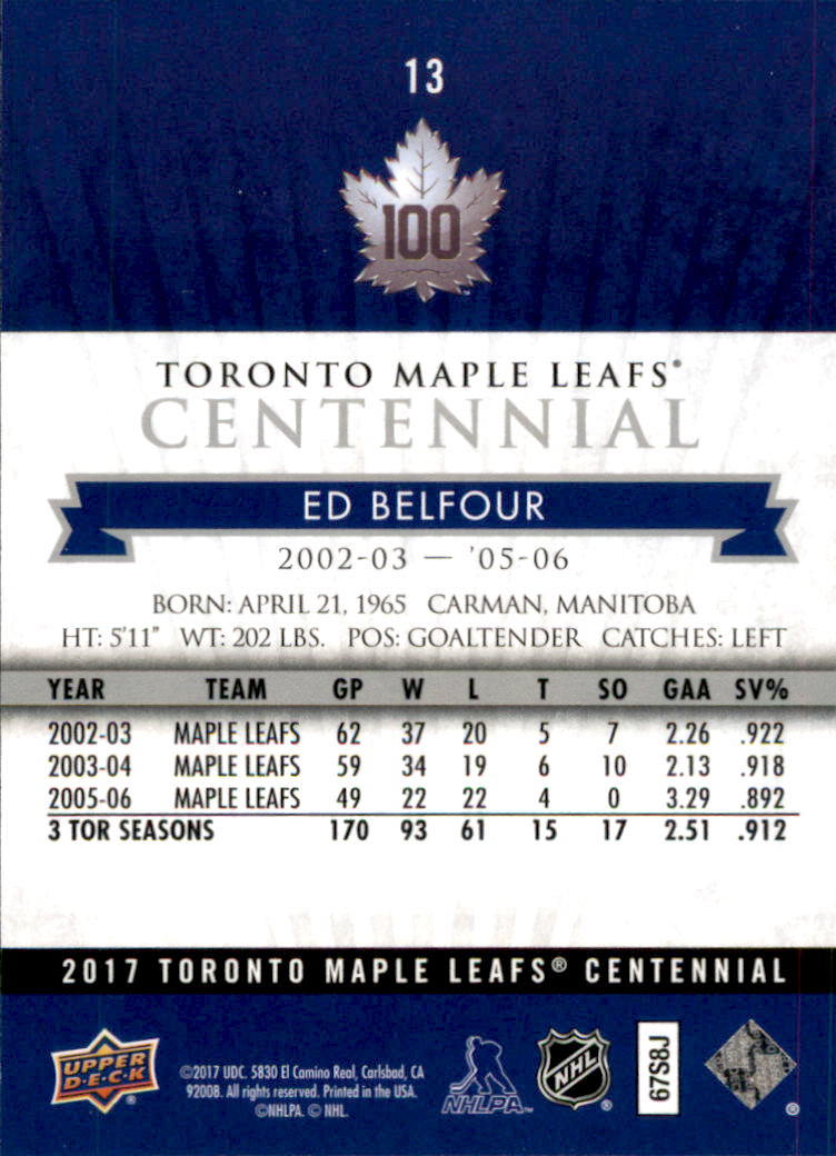 2017-18 Toronto Maple Leafs Centennial #13 Ed Belfour back image