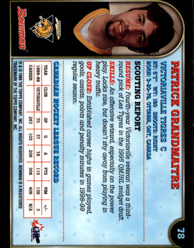 1999 Bowman CHL #78 Patrick Grandmaitre back image
