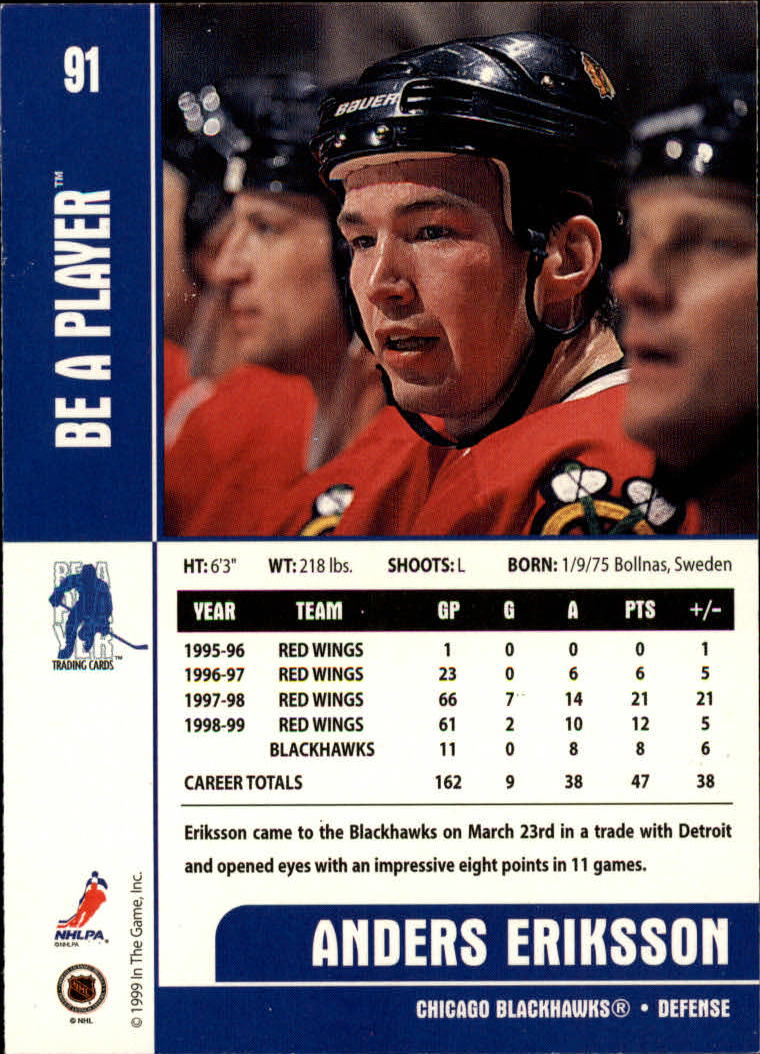 1999-00 BAP Memorabilia #91 Anders Eriksson back image