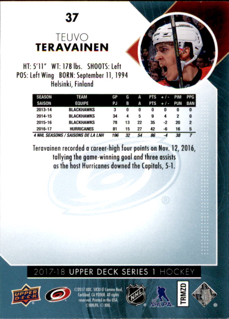 2017-18 Upper Deck #37 Teuvo Teravainen back image