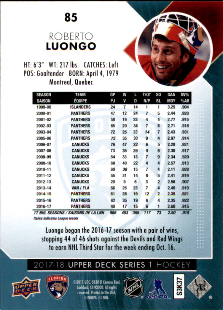 2017-18 Upper Deck #85 Roberto Luongo back image