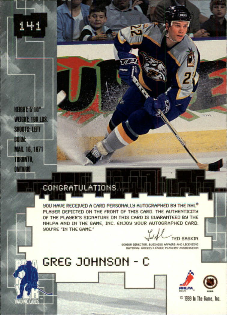 1999-00 BAP Millennium Autographs Gold #141 Greg Johnson back image