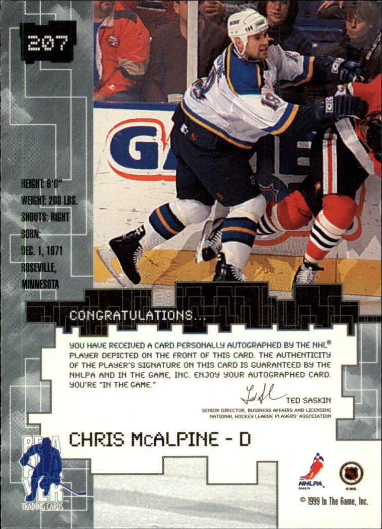 1999-00 BAP Millennium Autographs Gold #207 Chris McAlpine back image