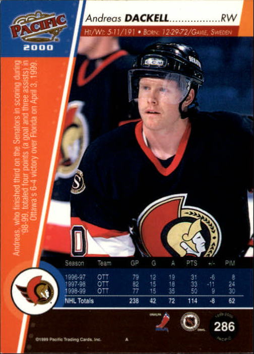 1999-00 Pacific #286 Andreas Dackell back image