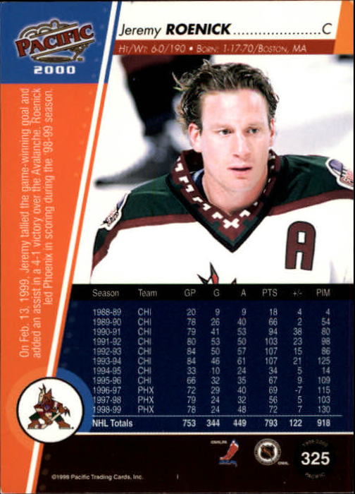 1999-00 Pacific #325 Jeremy Roenick back image