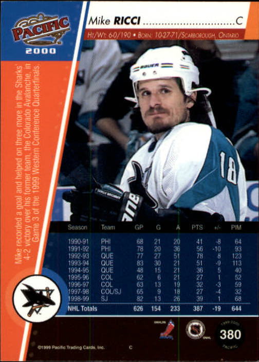 1999-00 Pacific #380 Mike Ricci back image